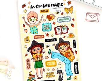 Augtober Cozy Witch Fall Journal Prompt Cute Hand Drawn Planner Sticker Sheet | Cute Cozy Stickers