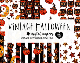 Vintage Halloween Retro Spooky Herfst Pompoen Kat Digitaal Patroon Papier