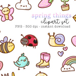 Carino Primavera Kawaii Estate Coccinella Ape Primavera Farfalla Arcobaleno Clipart Bundle / Carino Kawaii PNG per Planner Adesivo / Uso commerciale