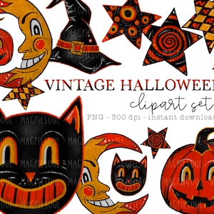 vintage Halloween chat citrouille lune étoile fantasmagorique lune Clipart Bundle | Sticker PNG Kawaii mignon pour agenda | Utilisation commerciale