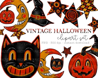 May include: Vintage Halloween clipart set featuring a black cat, a crescent moon, a pumpkin, a witch's hat, and stars with orange and black patterns. PNG - 300 dpi - instant download.