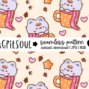 かわいい居心地の良い猫のコーヒーココアの冬用スカーフ | シームレスでかわいいかわいいパターン PNG | 昇華生地スクラップブックデザインコマーシャル