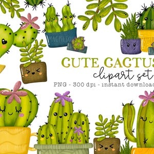 Paquete de imágenes prediseñadas de cactus, amigos, plantas, suculentas, jardín, primavera, hierbas, plantas en macetas, lindos PNG kawaii para planificadores, pegatinas, uso comercial