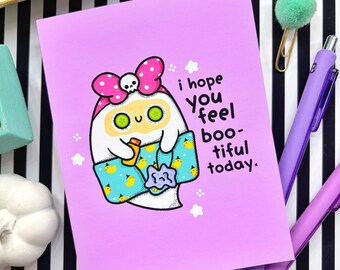 Self Care Ghost Spa Day Spooky Kawaii Colorful Folded Blank Greeting Card | Handmade Art Print Folding Card | Art By - SpookyLittleMagpie