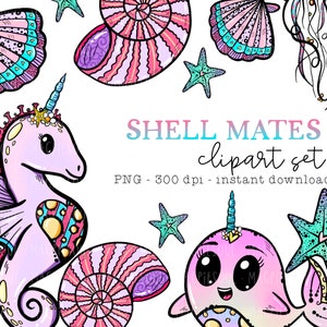 Paquete de imágenes prediseñadas de caballito de mar, narval, pastel, estrella de mar, medusa, concha de océano, lindos PNG kawaii para planificadores, pegatinas, uso comercial