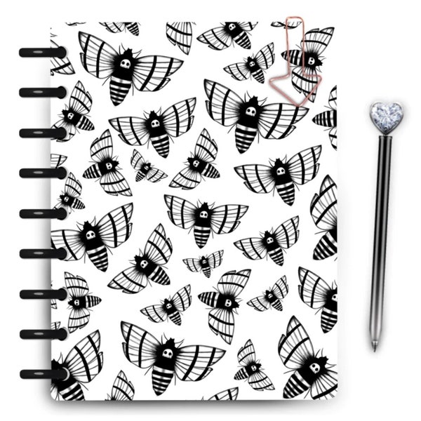 Death Moth Black & White Minimal | Laminated Planner Cover | Snap-On Cover for Discbound Planner | Happy Planner Cover