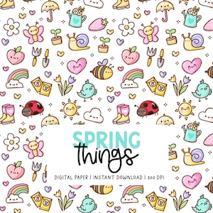 Spring Things Rainbow Bee Ladybug Summer Kawaii Printable Planner Dashboard Journal Paper | Hand Drawn Seamless Repeating Pattern