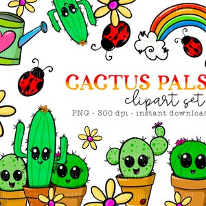 Paquete de imágenes prediseñadas de mariquitas coloridas con arcoíris, primavera, verano y plantas felices de Cactus Pals / Lindos PNG kawaii para planificadores, pegatinas para uso comercial