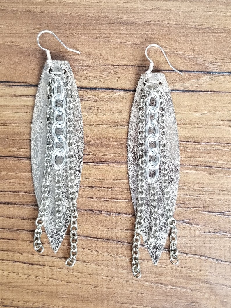 Repurposed Silver Foil Leather and Chain Link Earrings