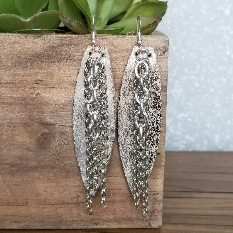 Repurposed Silver Foil Leather and Chain Link Earrings