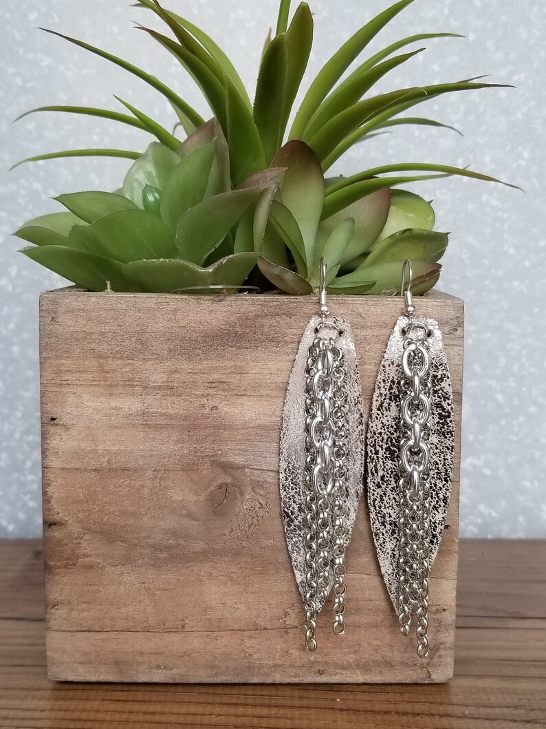Repurposed Silver Foil Leather and Chain Link Earrings