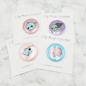 Sealife Button Pins - 1.5 inch - Crab, Sea Turtle, Shark, & Whale
