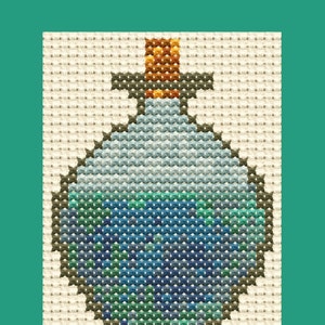 May include: Cross-stitch pattern for a small bottle with a cork stopper. The bottle is filled with a blue and green liquid. The pattern is for 14ct Aida cloth and measures 29 x 39 stitches.