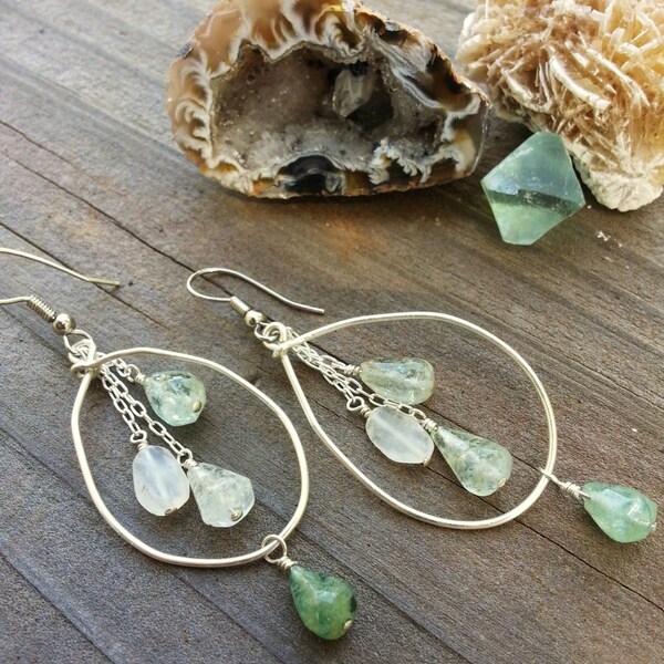 Green-winged Teal Earrings. Aquamarine, moonstone, sterling silver and surgical steel dangle earrings.