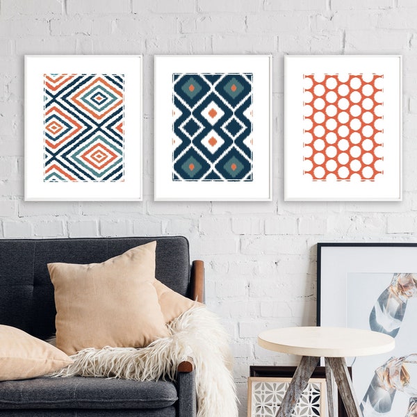 Indigo Blue and Orange Downloadable Art Set of 3 Abstract Art Prints Printable Modern Wall Art for Gallery Wall