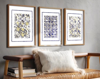Navy Blue and Yellow Art Digital Download Set of 3 Printable Art Prints Batik Style Art Digital Downloadable Art Gallery Wall