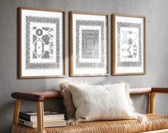 Geometric and Floral Charcoal Gray and White Printable Art Set of 3 Art Prints Asian Inspired Gallery Wall Digital Download Set of 3 Prints