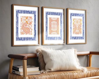 Orange and Blue Tribal Boho Art Digital Download Set of 3 Printable Art Prints Colorful Downloadable Gallery Wall