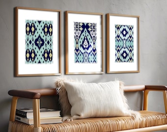 Blue Printable Wall Art Digital Download - Navy Blue, Teal, Yellow, and White Printable Art Set of 3 Prints Ikat Gallery Wall Art Set