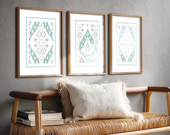 Teal Gallery Wall Art Set of 3 Light Teal and Gray and White Ikat Print Boho Digital Download