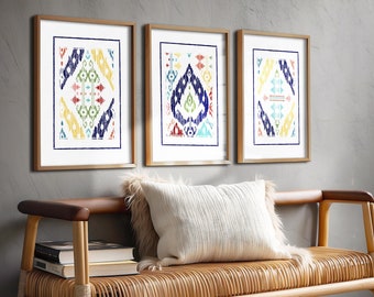 Colorful Wall Art Digital Downloadable Gallery Wall Art Set of 3 Printable Prints in Navy Blue, Yellow, Turquoise, Coral, and Red Ikat