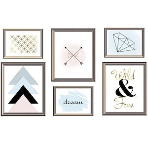 Downloadable Modern Geometric Art Set of Boho Gallery Wall Art Prints, Printable Pastel Blue, Pale Pink, Grey, and Black image 1