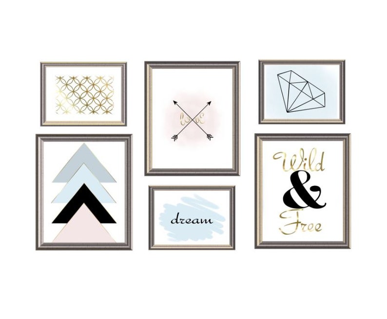 Downloadable Modern Geometric Art Set of Boho Gallery Wall Art Prints, Printable Pastel Blue, Pale Pink, Grey, and Black image 1