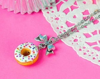 PETIT or ENFANT Fimo polymer donut necklace, sweet gourmet jewelry, funfetti birthday cake doughnut, cute kid gift idea