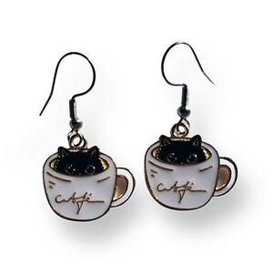 Black cat earrings in a white cup, gift idea for cat lovers, jewelry for cute cat lovers