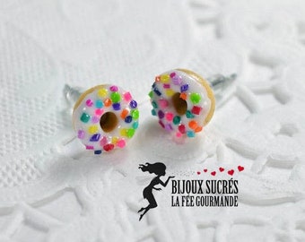Small Donut Earrings - Miniature Polymer Clay Food Jewelry - Fun Gift for Girls - Funfetti Donuts