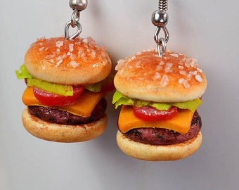 Miniature hamburger, dangle earrings, realistic miniature food, cheeseburger earring, polymer clay jewelry, fast food jewelry