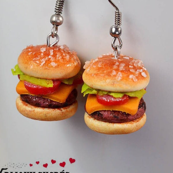 Miniature hamburger, dangling earrings, realistic miniature food, cheeseburger earring, polymer clay jewelry, fastfood jewelry