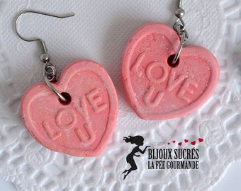 Sweet candy pink heart shaped earrings resembling the real candy hearts from candy bracelets