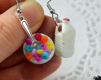 Pint of milk and cereal earrings in a bowl and spoon, miniature food jewelry, sweet breakfast, rare creation