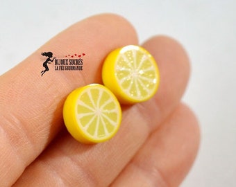 Straight stem earrings with lemon slice cabochons hand-shaped in polymer clay