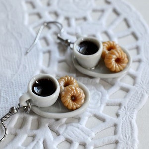 Earrings cups of black coffee and small miniature donuts, gourmet gift for coffee lover, miniature food, unique jewelry