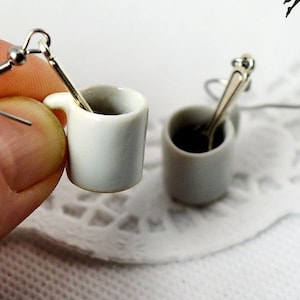 Dangling black coffee cup earrings - Food earrings - Gift idea for coffee lover - Coffee fashion accessory