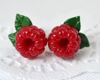 Red raspberry stud earrings - Country jewelry for women - Dress accessory with wild berries - Boho jewelry for women