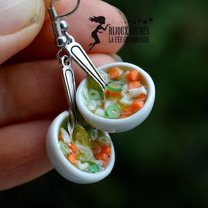 Chicken soup bowl dangle earrings, handmade miniature food jewelry