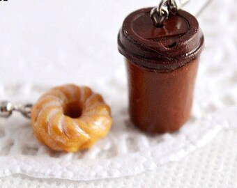 Miniature donut coffee jewelry, takeaway coffee cup dangling earrings and French fruit bat with honey, cute gourmet jewelry