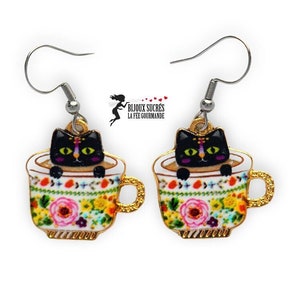 Cute cat earrings in a cup - Gift idea for cat lover - Jewelry for cat lover