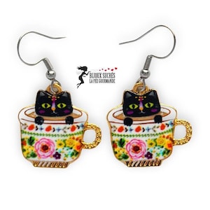 Cute cat earrings in a cup - Gift idea for cat lover - Jewelry for cat lover