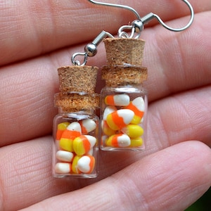 Polymer Clay Candy Corn Earrings in Glass Vials - Costume Gift Idea - Miniature Food Jewelry
