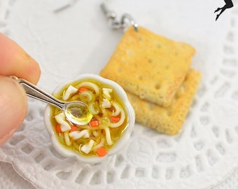 Dangling earrings bowl of chicken soup with noodles and crackers, miniature comforting winter food jewelry, food art