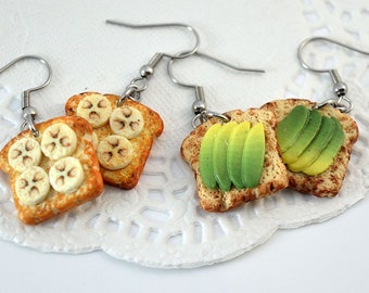 Dangling earrings slices of toasted bread and garnishes handmade in polymer clay, gourmet jewelry