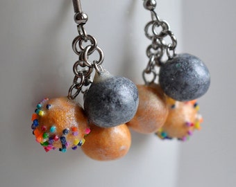 Miniature donut hole dangling earrings - Jewelry representing polymer clay donuts - Fun gourmet gift idea
