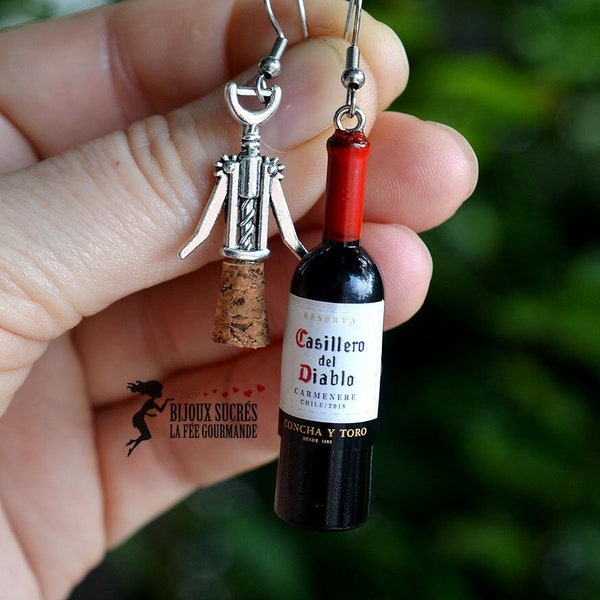 Wine bottle earrings and bottle opener with cork stopper, gift idea for wine lover, alcoholic beverage jewelry