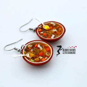 Chicken soup bowl dangle earrings, handmade miniature food jewelry