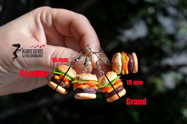 Miniature hamburger, dangling earrings, realistic miniature food, cheeseburger earring, polymer clay jewelry, fastfood jewelry image 3