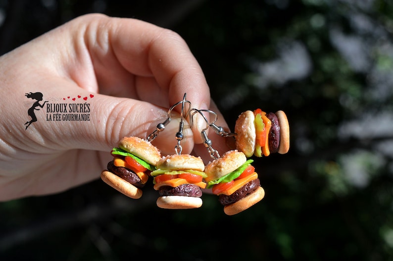 Miniature hamburger, dangling earrings, realistic miniature food, cheeseburger earring, polymer clay jewelry, fastfood jewelry image 4